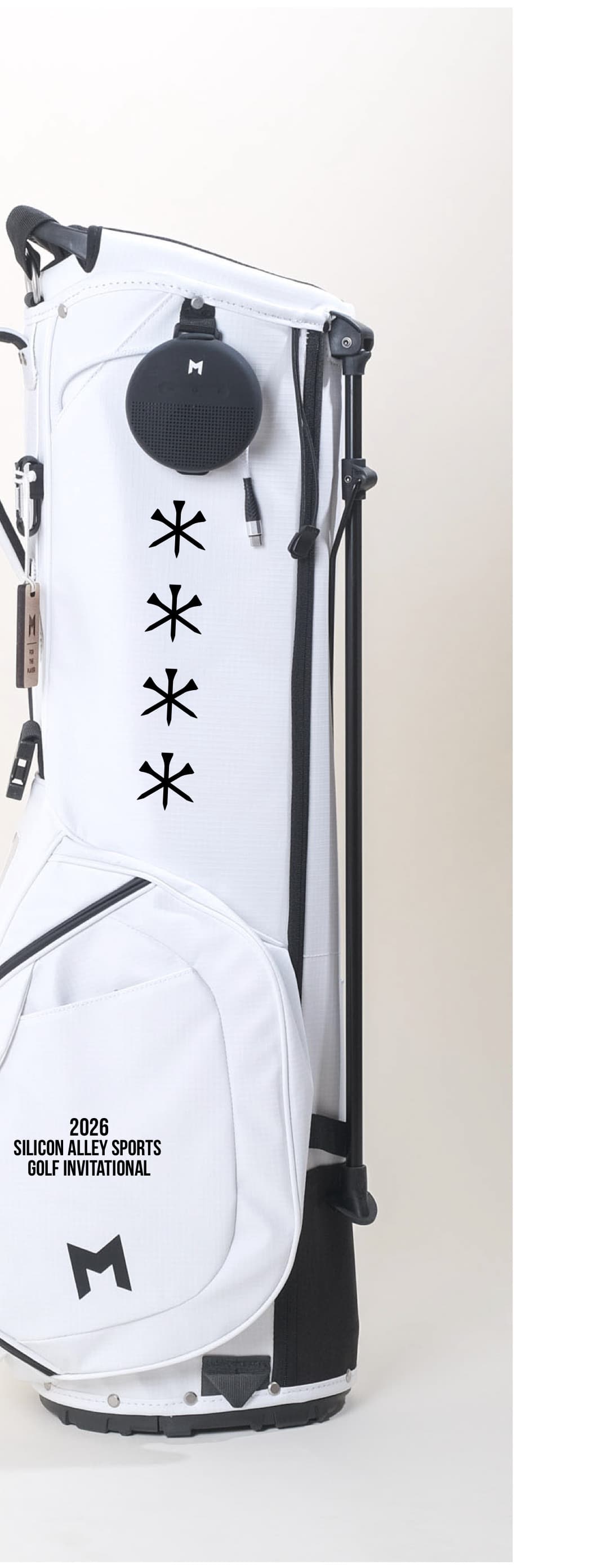 Back view of the custom golf bag with the 2026 SAS Invitational embroidery