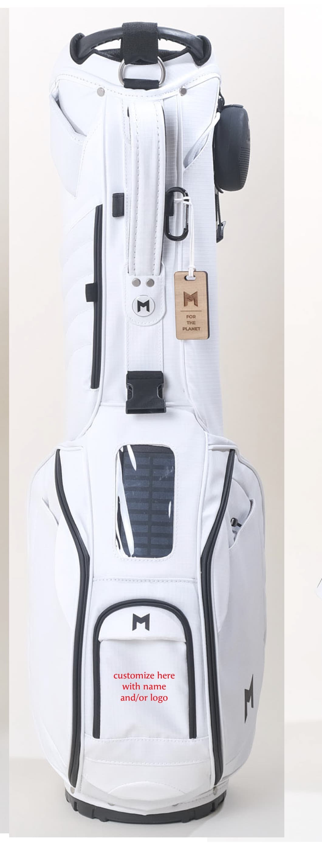 Front view of the custom golf bag with the customizable front pocket
