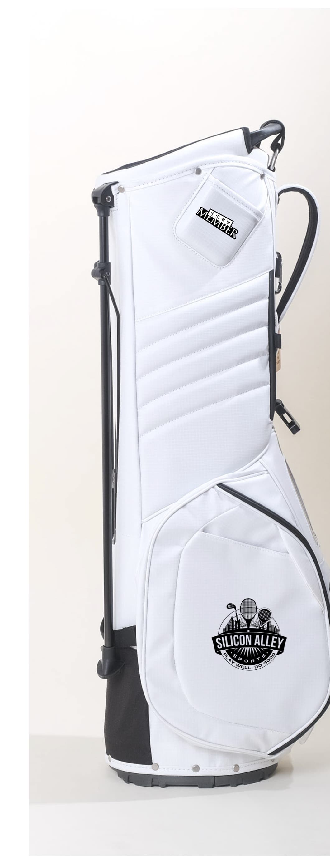 Side view of the custom golf bag showing the Silicon Alley Sports crest